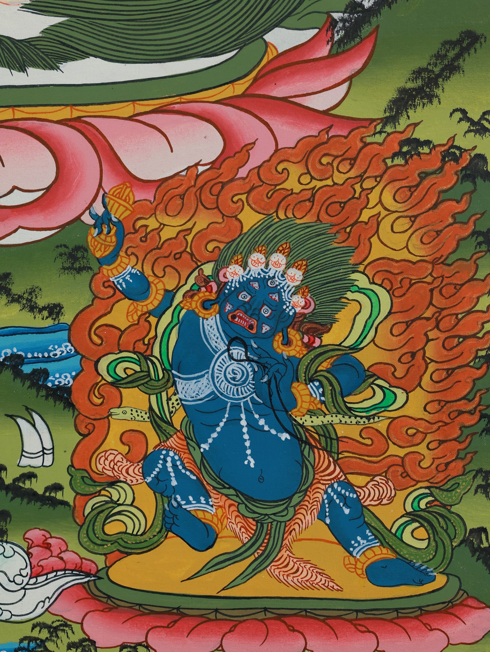 Tibetan Buddhist color thangka of Vaishravana as a powerful wealth deity and protector