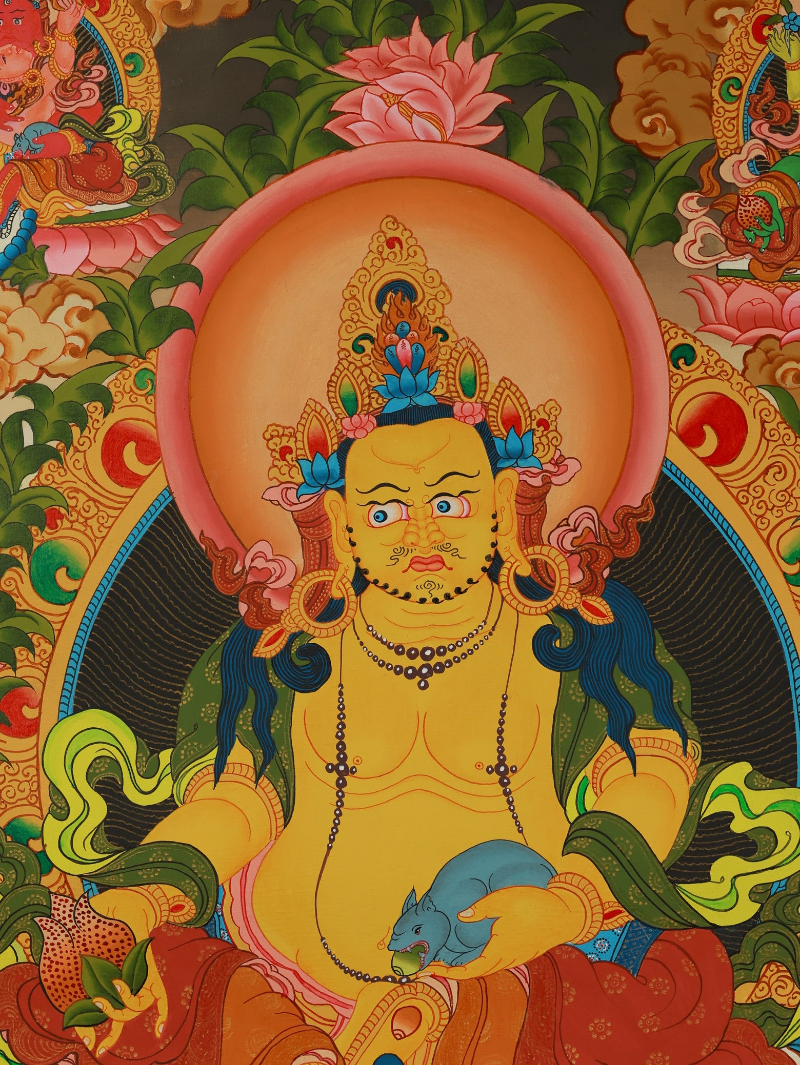 Tibetan Buddhist wealth deity Thangka of Yellow Jambhala, revered for attracting prosperity and removing poverty