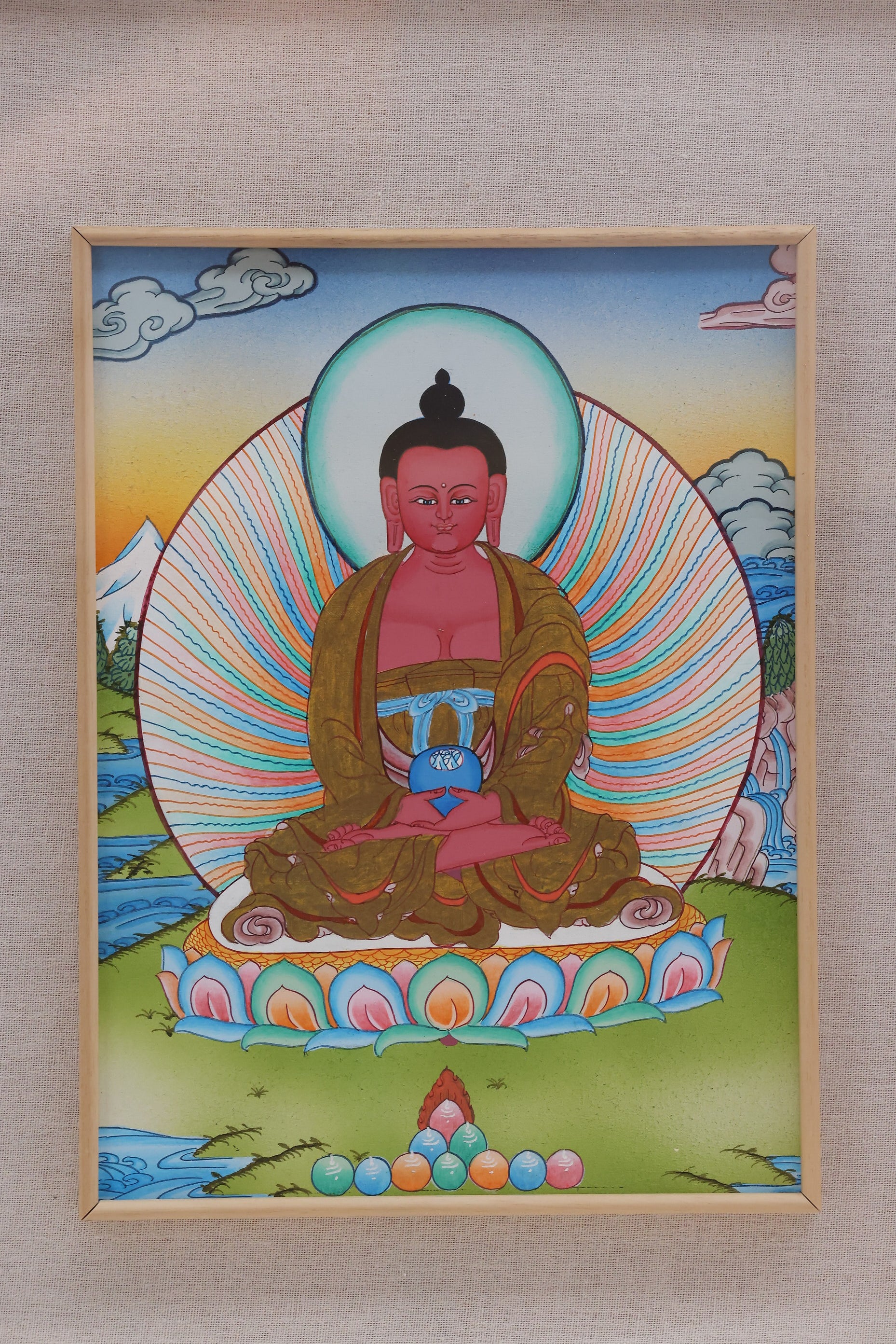 Bright Tibetan Thangka of Amitabha Buddha, perfect example of traditional Buddhist artistry.