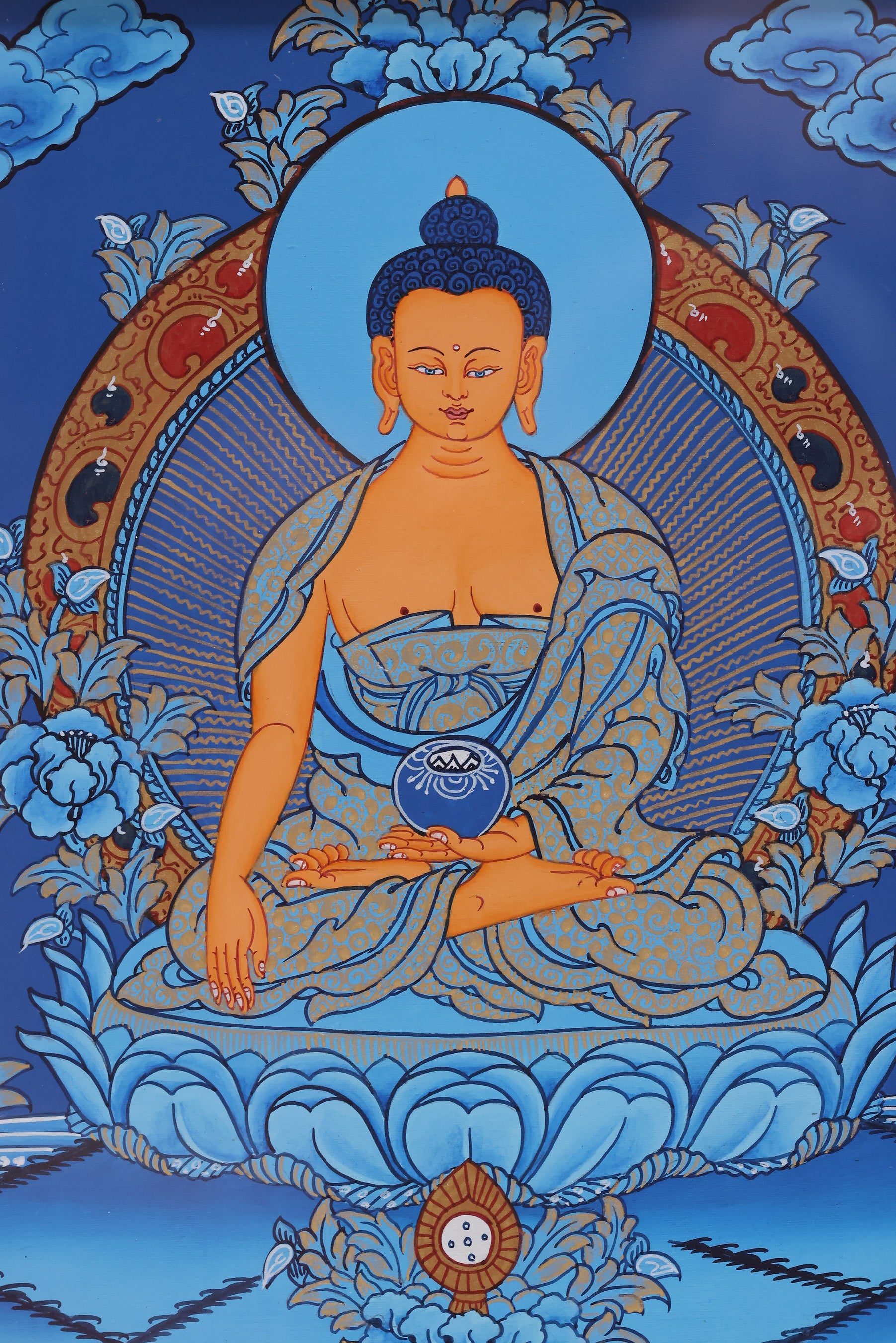 Blue thangka of Shakyamuni Buddha displaying the teaching mudra, Tibetan Buddhist spiritual artwork