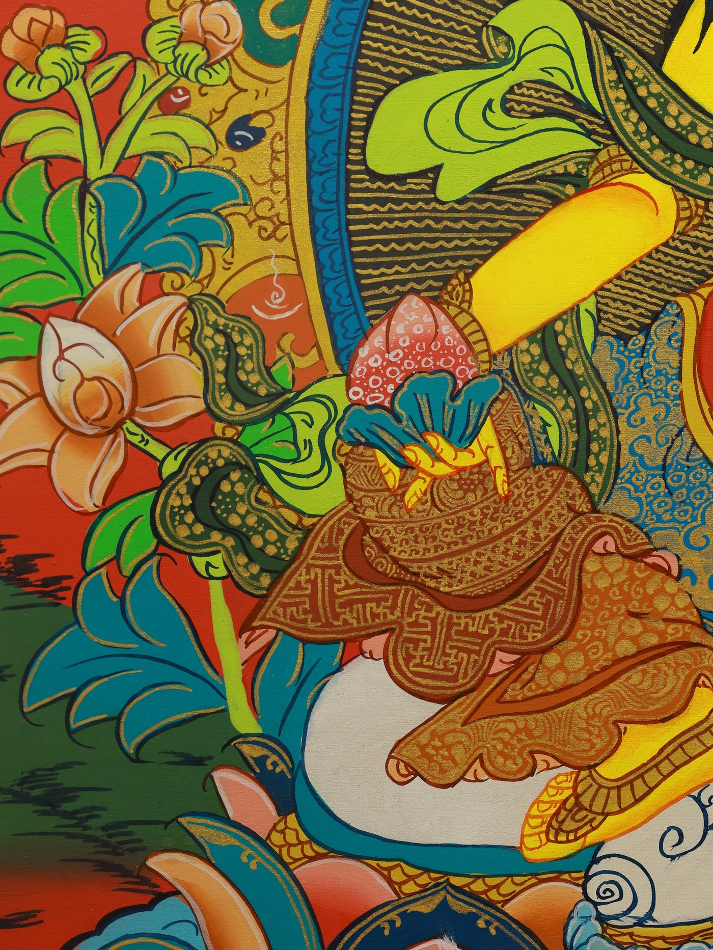 Colorful Tibetan Yellow God Thangka, depicting spiritual richness and blessings.
