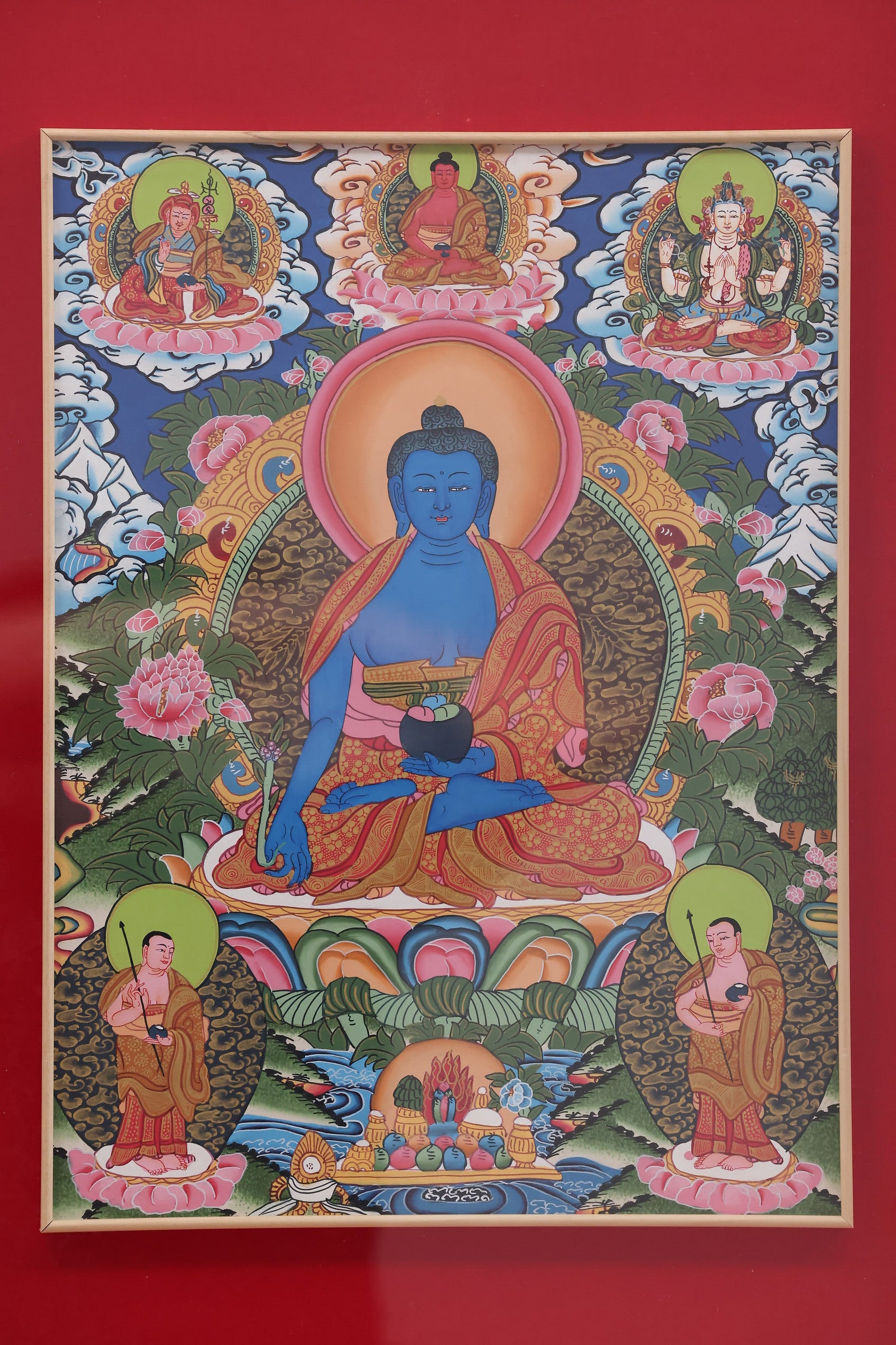 Exquisite hand-painted Akshobhya Buddha Thangka in traditional Tibetan style for meditation and spiritual practice."