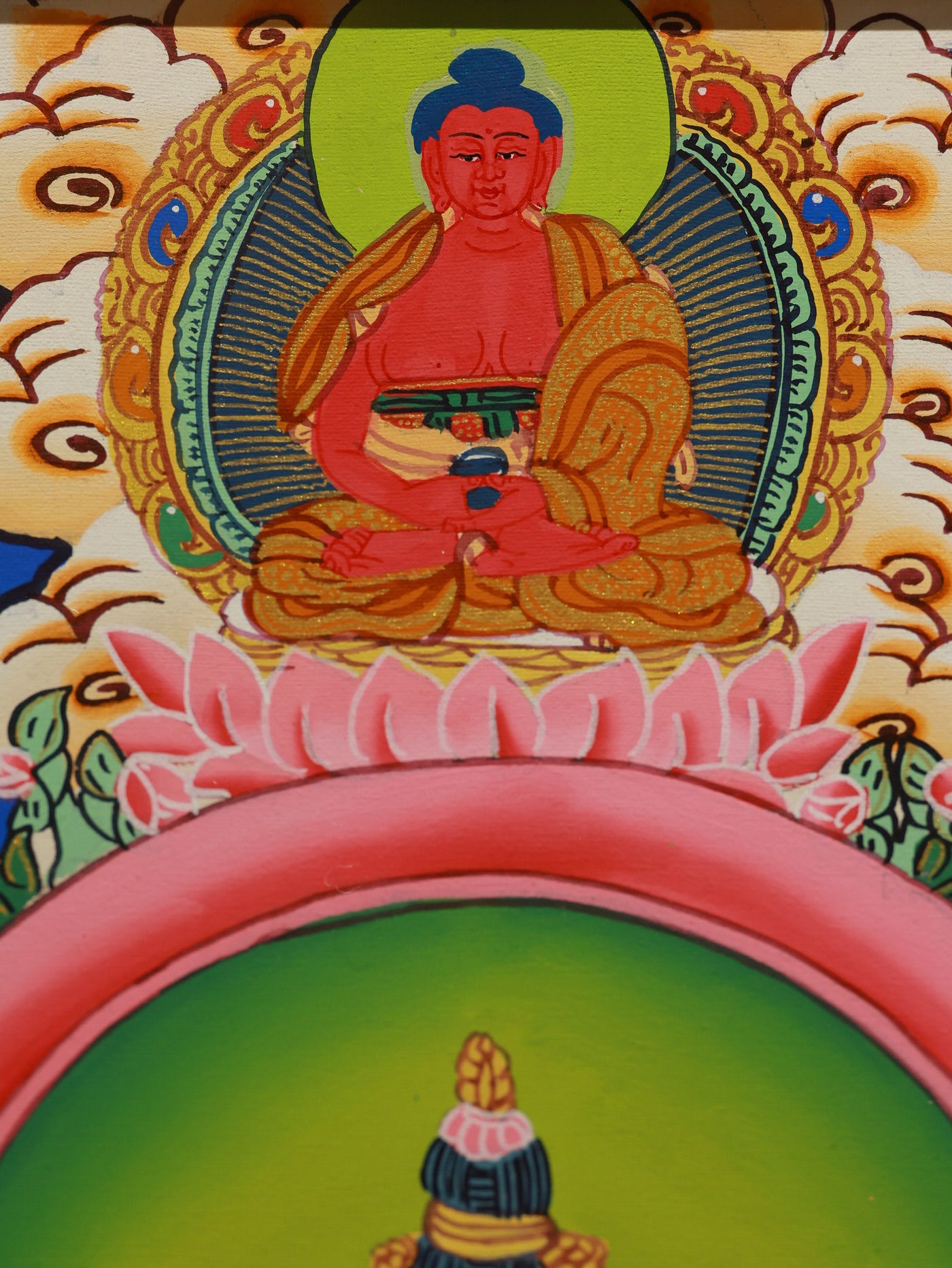 Colorful Tibetan thangka of Vairocana Buddha, expressing purity, wisdom, and the Dharmadhatu