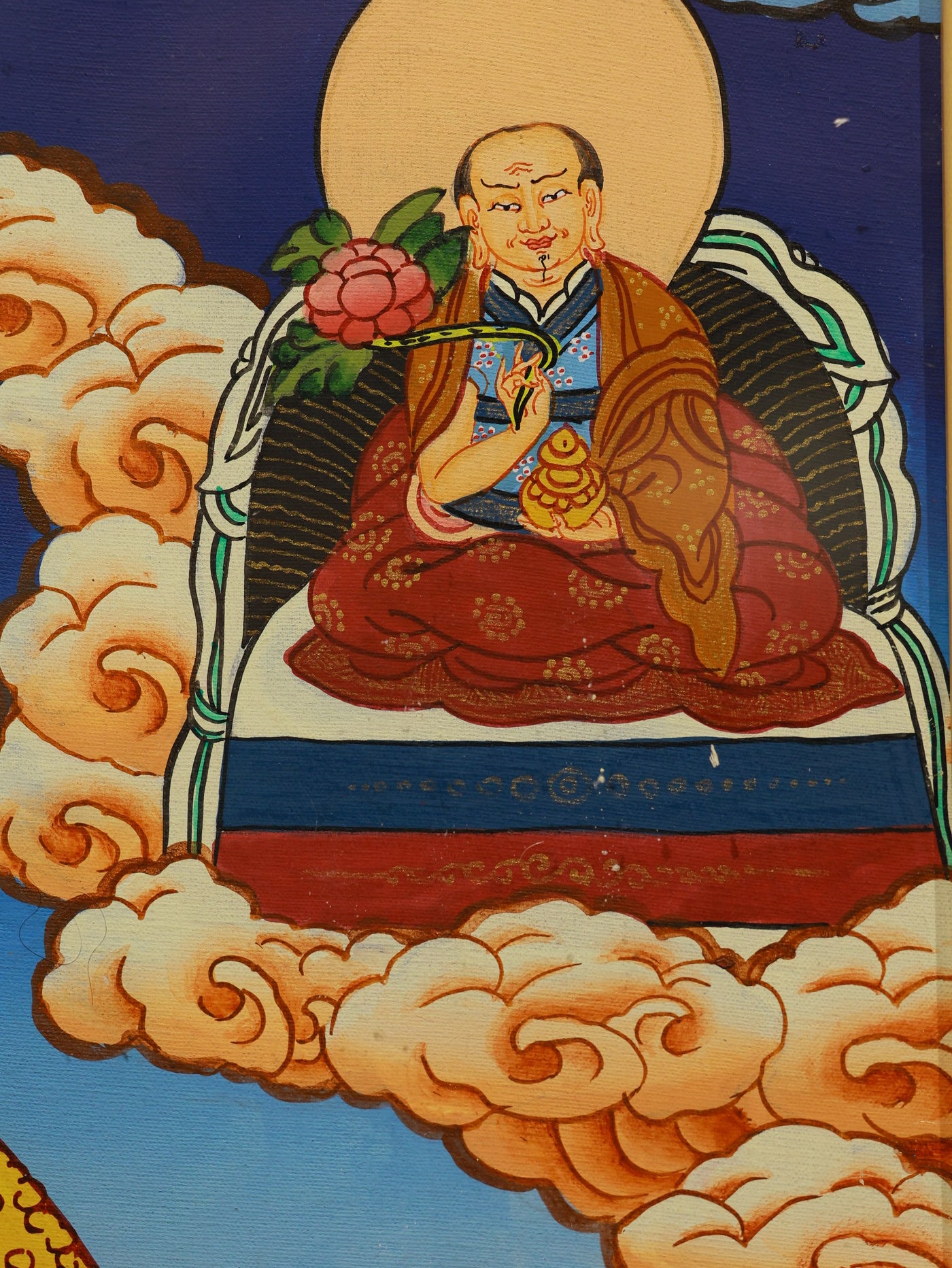 Tantric Tibetan thangka painting of Vairocana Buddha, source of wisdom and spiritual transformation.