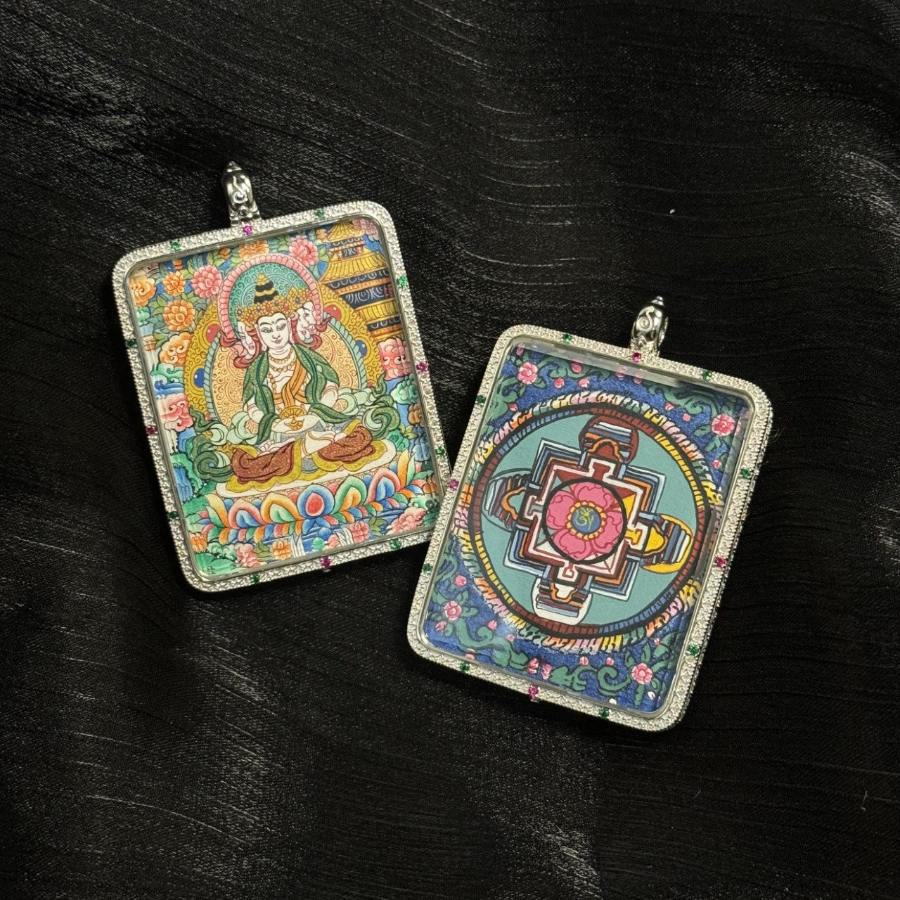 Close-up detail of the Vairocana with Eight Guardians and Mandala Thangka painting showing intricate natural mineral pigment work, showcasing the masterful artistry of Tibetan lineage painters.
