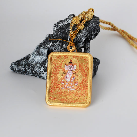  Close-up detail of the Karma Kagyu Four-Armed Avalokiteshvara Thangka painting showing intricate natural mineral pigment work, showcasing the masterful artistry of Tibetan lineage painters.
