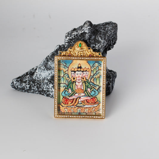  Close-up detail of the Nepal Elegant Vairocana Thangka painting showing intricate natural mineral pigment work, showcasing the masterful artistry of Nepali lineage painters.
