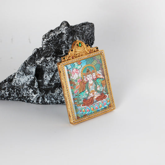  Hand-painted Nepal Premium Vairocana Buddha Thangka pendant featuring the Cosmic Buddha of Light, encased in titanium steel, representing wisdom and success in Tibetan Buddhist tradition.

