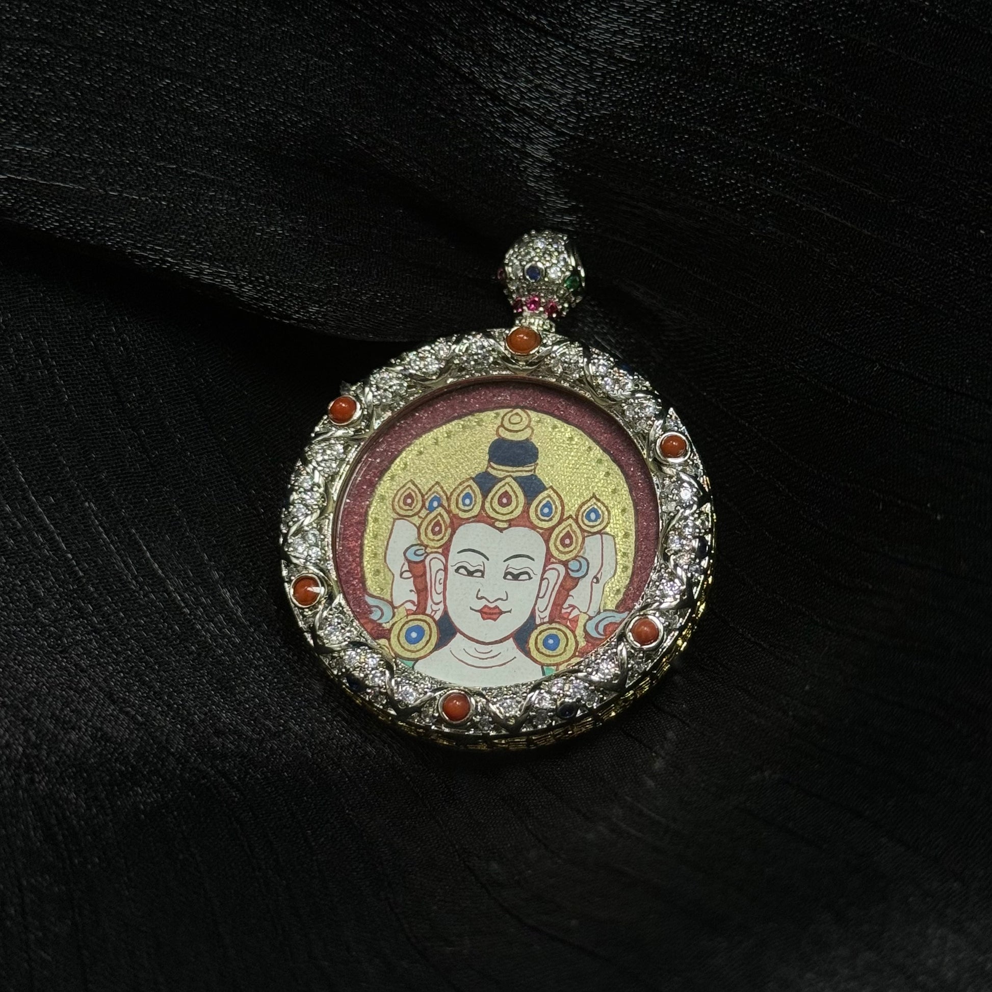 Close-up detail of the Rekong Red-Gold Vairocana Buddha Head Thangka painting showing mineral pigments and gold leaf, showcasing the masterful artistry of Rekong lineage painters.
