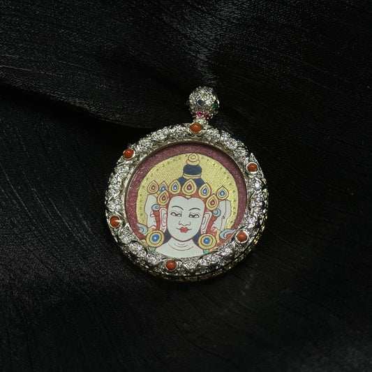 Close-up detail of the Rekong Red-Gold Vairocana Buddha Head Thangka painting showing mineral pigments and gold leaf, showcasing the masterful artistry of Rekong lineage painters.
