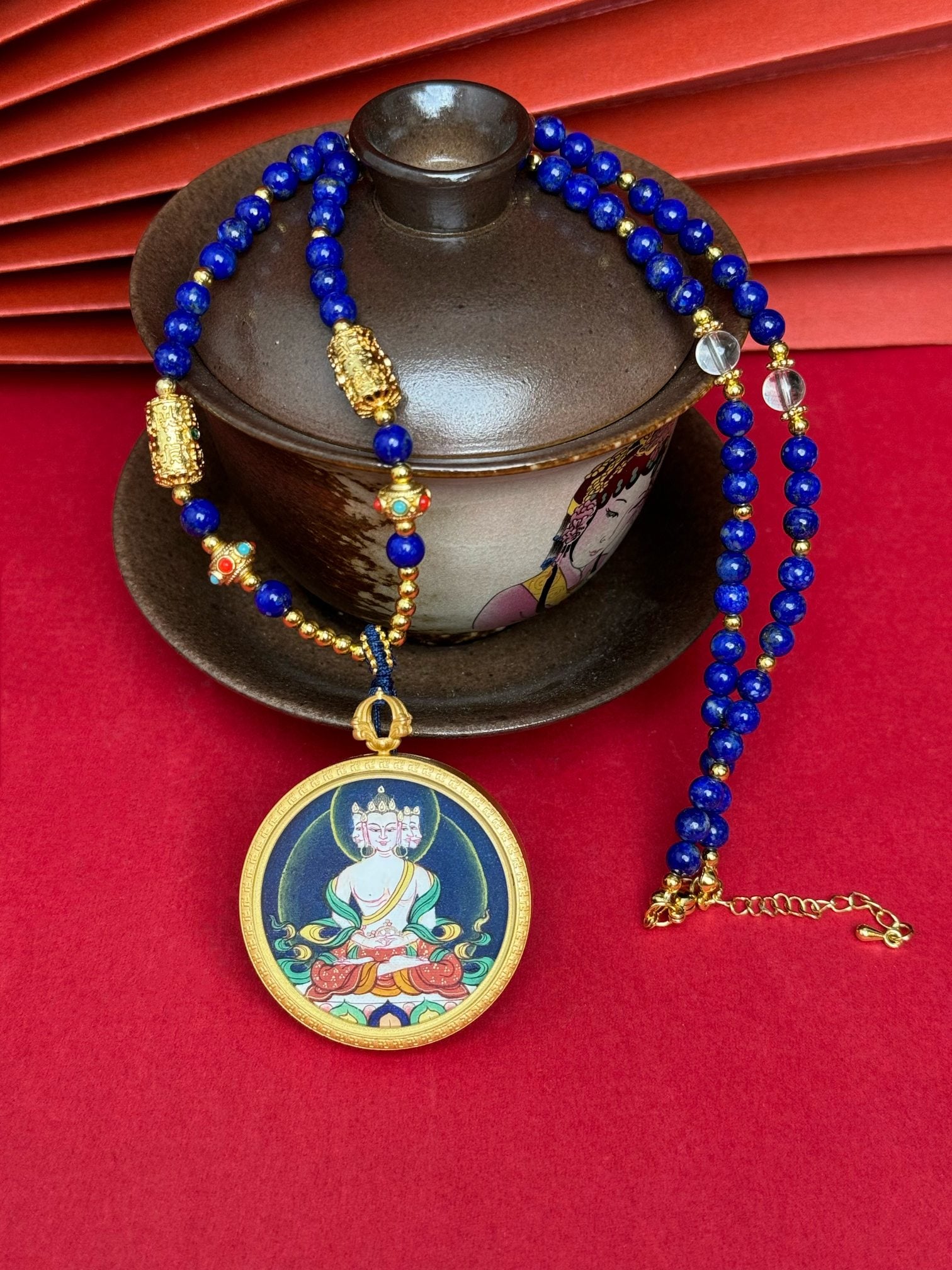  Hand-painted Tibet Bold Vairocana (大日如来) Thangka pendant 3.5cm with copper casing featuring the Buddha of Cosmic Illumination, representing wisdom and the accomplishment of endeavours in Buddhist tradition.

