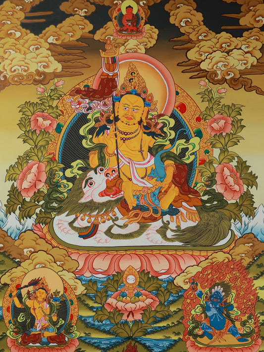 Color Tibetan Thangka depicting Vaishravana, the Buddhist wealth deity, symbolizing prosperity and protection