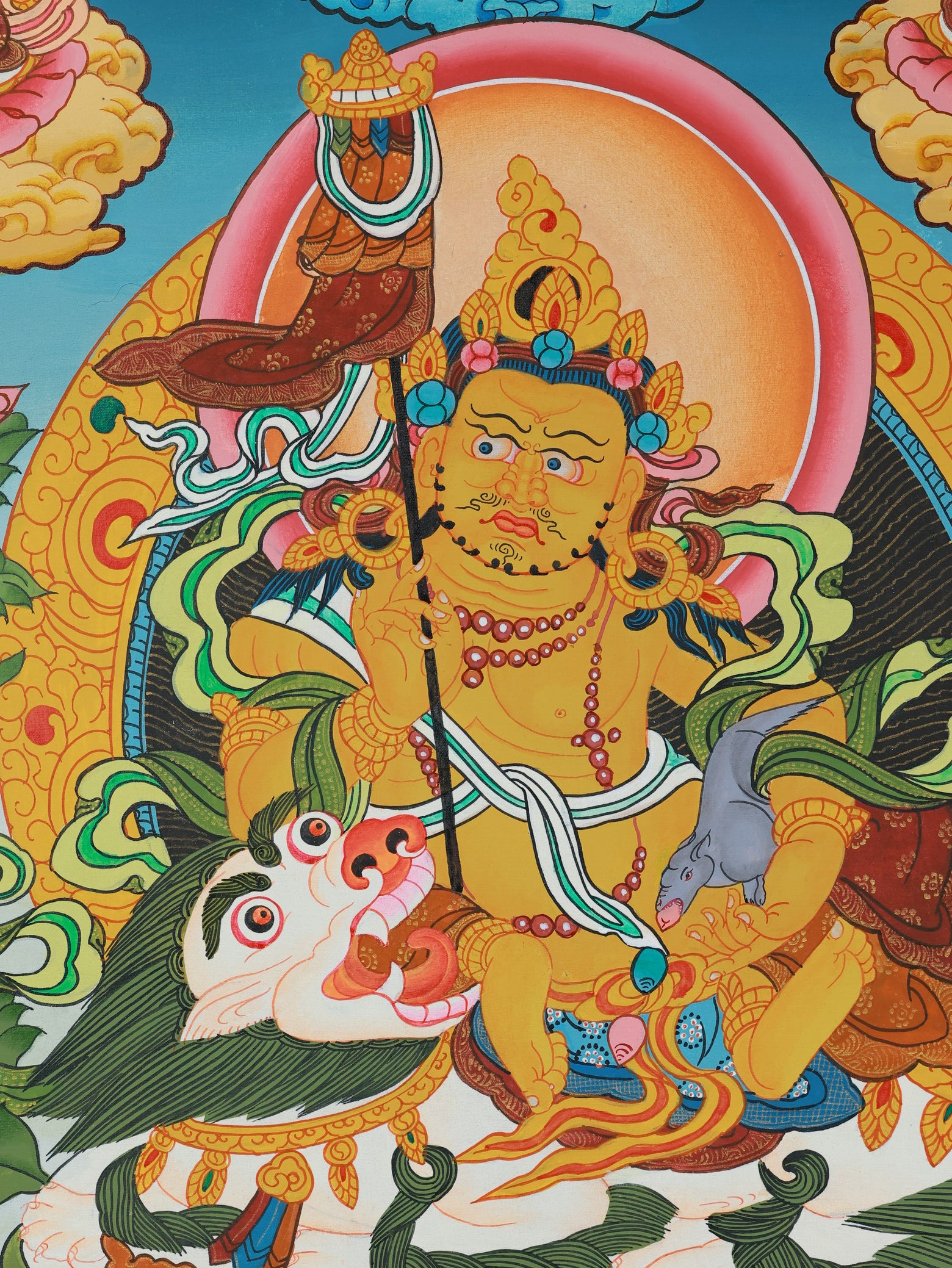 Fine Tibetan art thangka of Vaishravana symbolizing wealth, protection, and spiritual authority