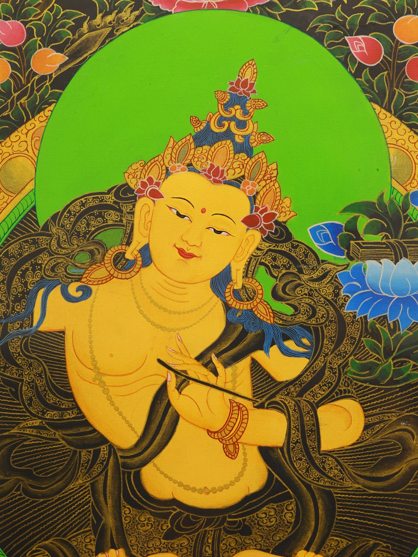 Tibetan Buddhist black gold Five Direction Manjushri thangka artwork representing supreme wisdom
