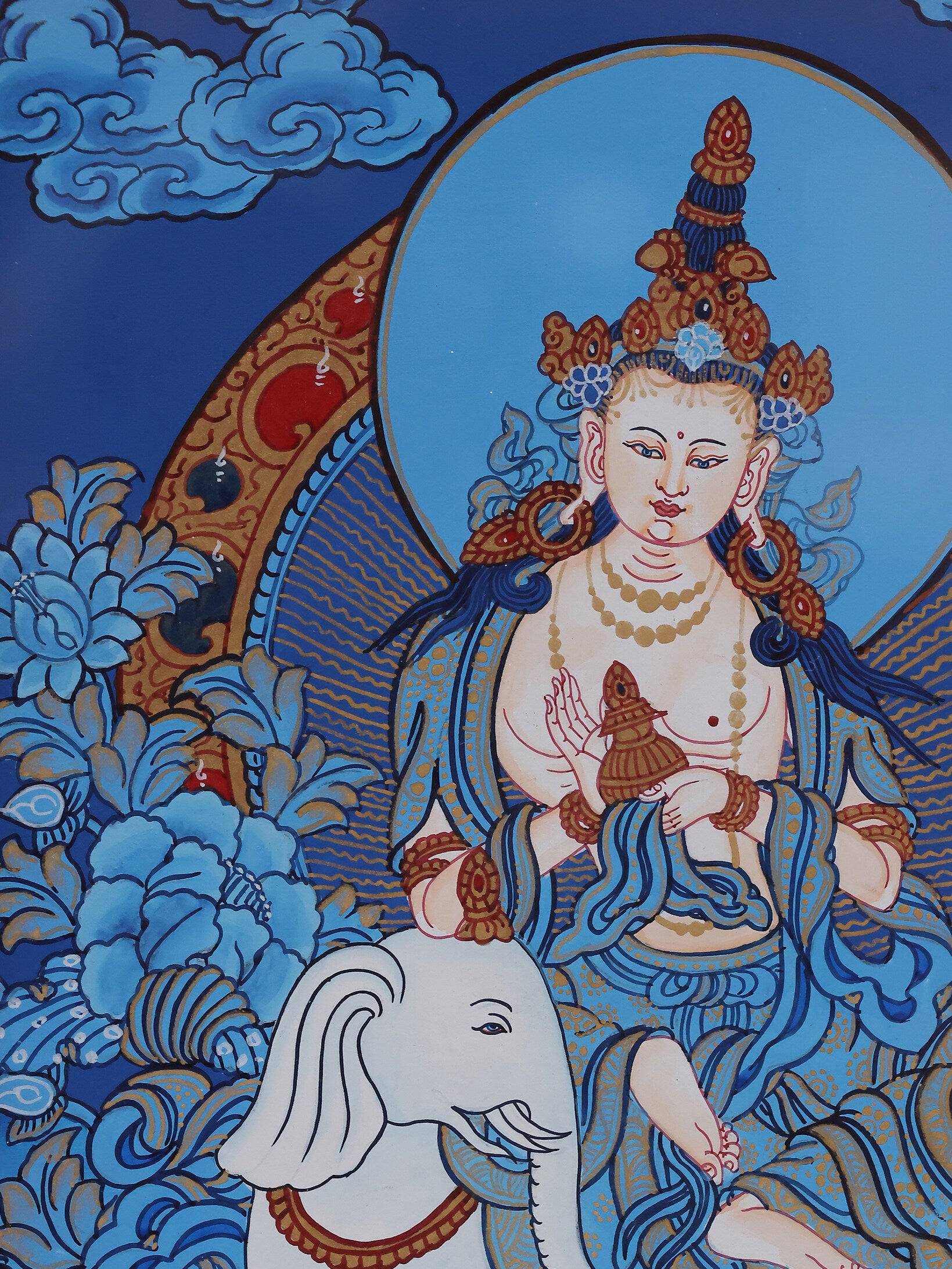 Tantric Samantabhadra depicted on a blue thangka, emphasizing meditation and spiritual awakening.