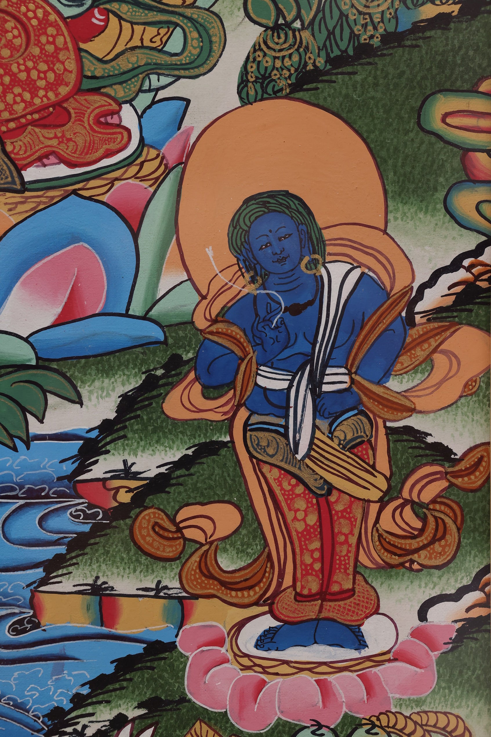 Detailed view of surrounding bodhisattvas and guardian figures in the hand-painted Vajradhatu Mandala.