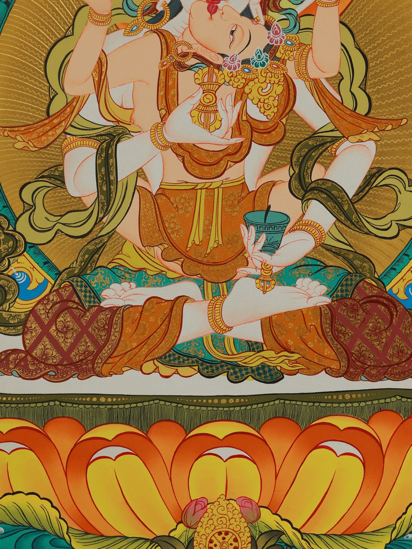 Exquisite hand-painted Vajrasattva thangka from Tibetan Buddhism, featuring intricate spiritual details.