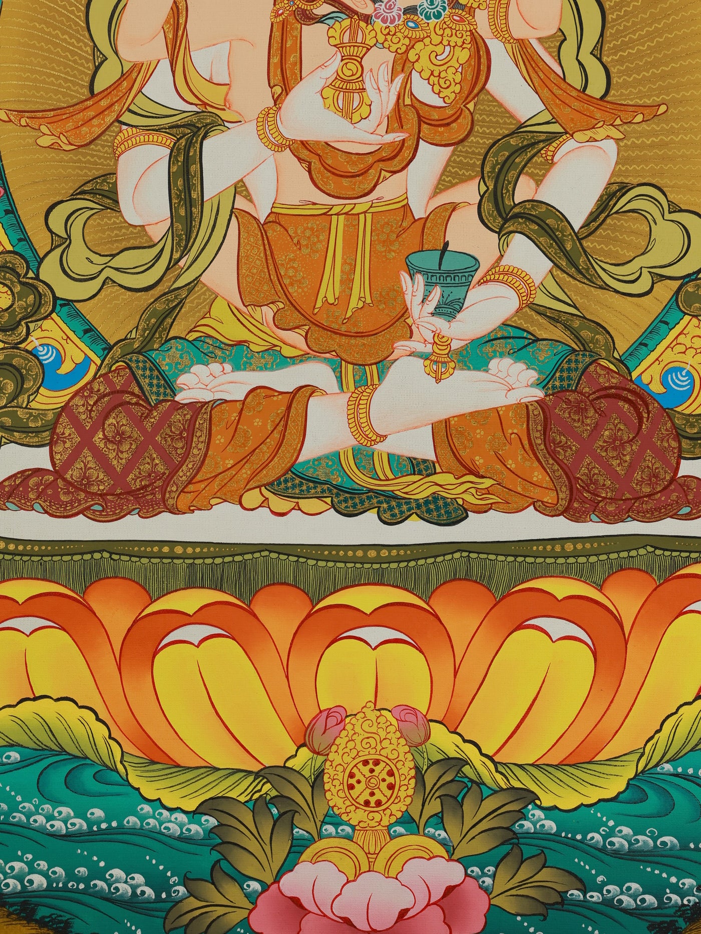 Sacred Tibetan Buddhist thangka of Vajrasattva, combining traditional craft with spiritual symbolism.