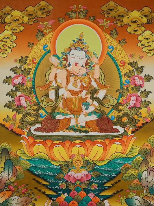 Hand-painted Tibetan Buddhist Vajrasattva thangka depicting the deity for purification and spiritual cleansing.