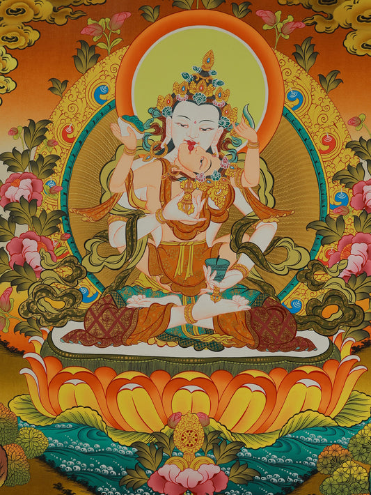 Tibetan Vajrasattva thangka designed for meditation practice, showcasing detailed iconography.