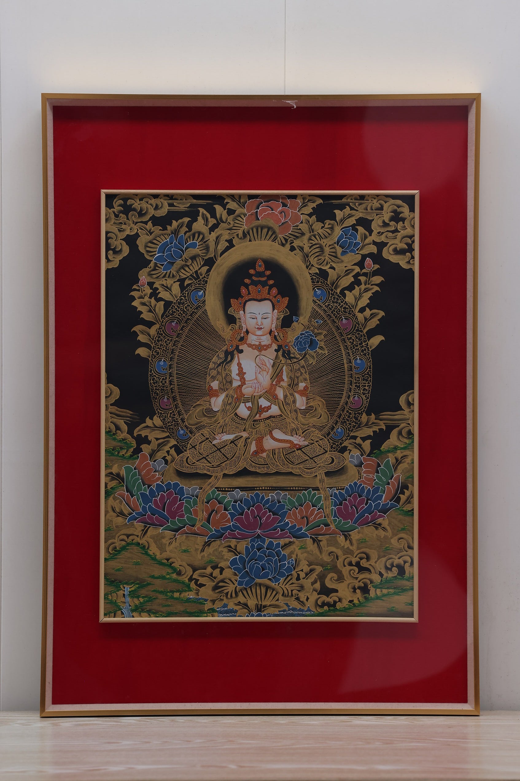 Tantric Vajrasattva Thangka showing the deity holding vajra and ghanta, symbolizing wisdom and method in Vajrayana Buddhism.