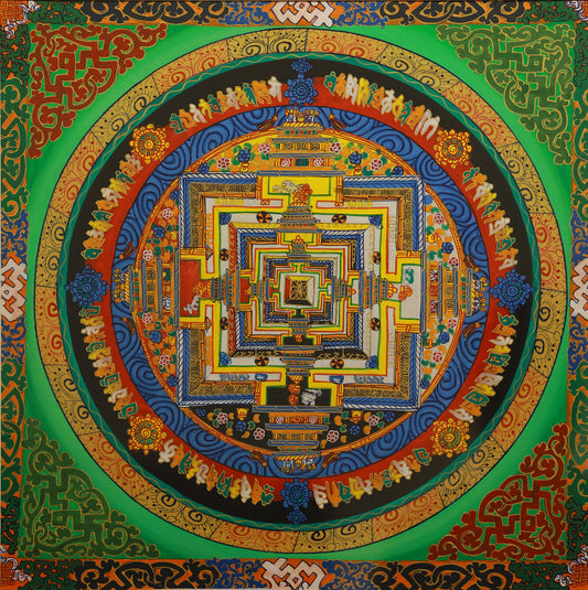 Tibetan Buddhist mandala thangka depicting a sacred cosmic palace with symmetrical geometry, representing the enlightened universe in Vajrayana Buddhism, used for meditation, spiritual awakening, and inner purification.