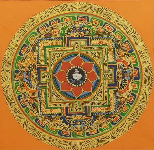 Sacred Tibetan Buddhist mandala thangka depicting a symbolic cosmic universe for meditation