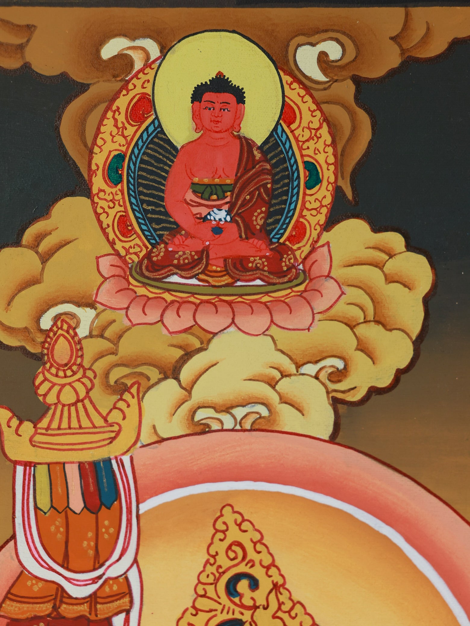 Sacred Tibetan Thangka painting of Vaishravana, the Four Heavenly Kings’ wealth guardian
