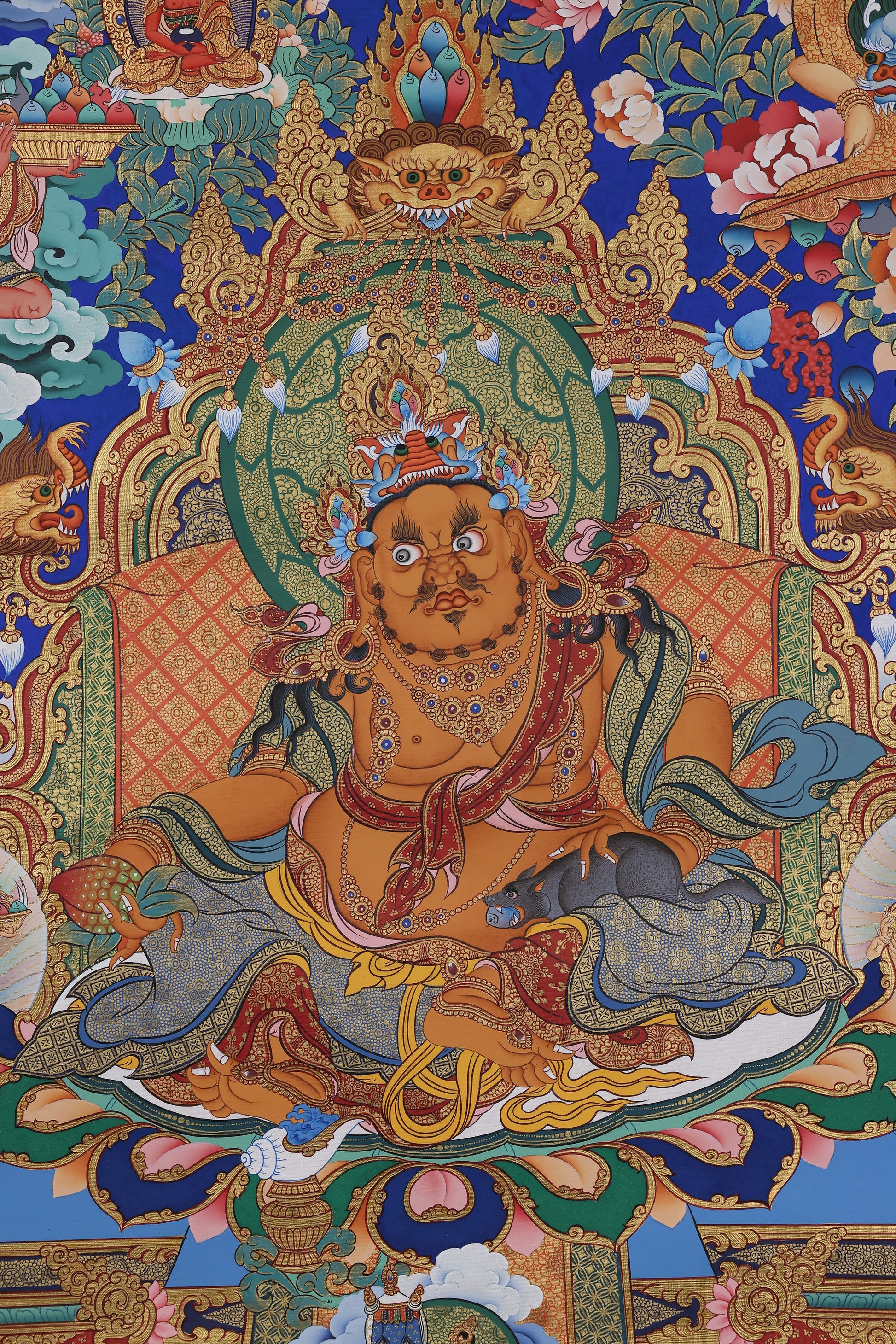 tibetan-buddhist-culture Tibetan Zan God wealth protector thangka featuring mouse symbol, auspicious offerings, and elaborate gold detailing.jpg