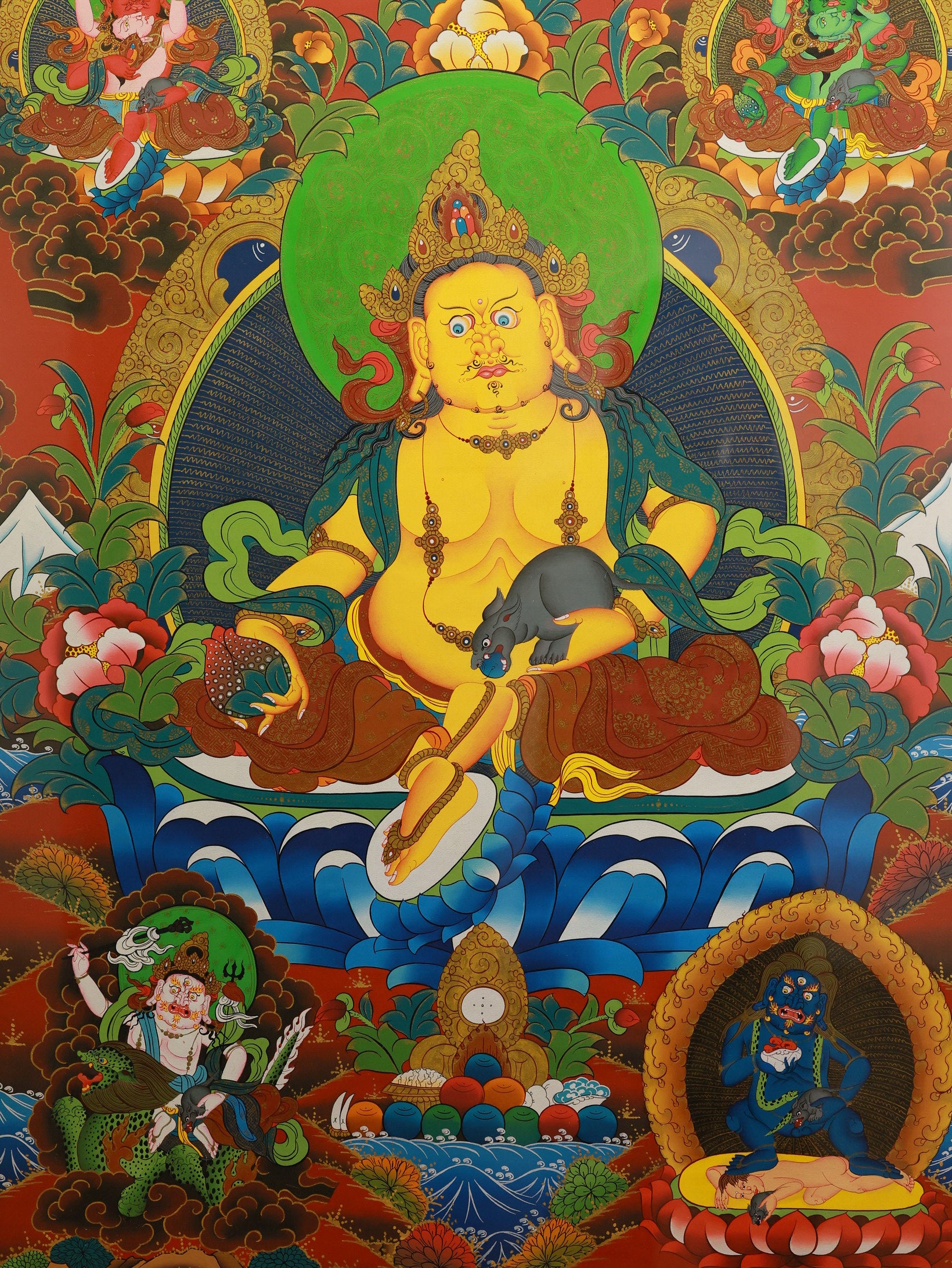 Tibetan Buddhist prosperity thangka showing Yellow Jambhala with the Five Wealth Gods, symbolizing material success and spiritual generosity.