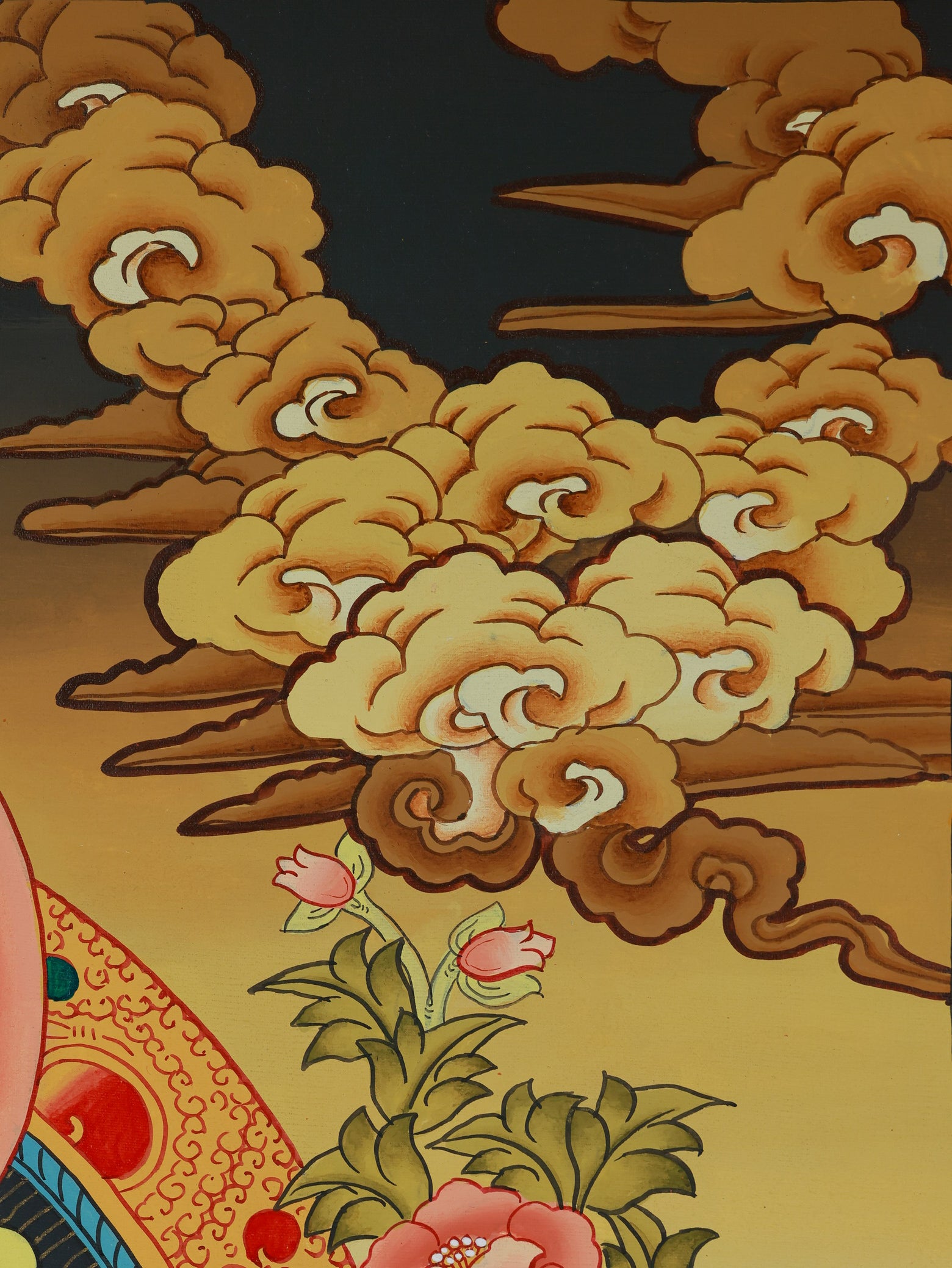 Detailed Tibetan Buddhist color thangka depicting Jambhala as a deity of prosperity and blessings