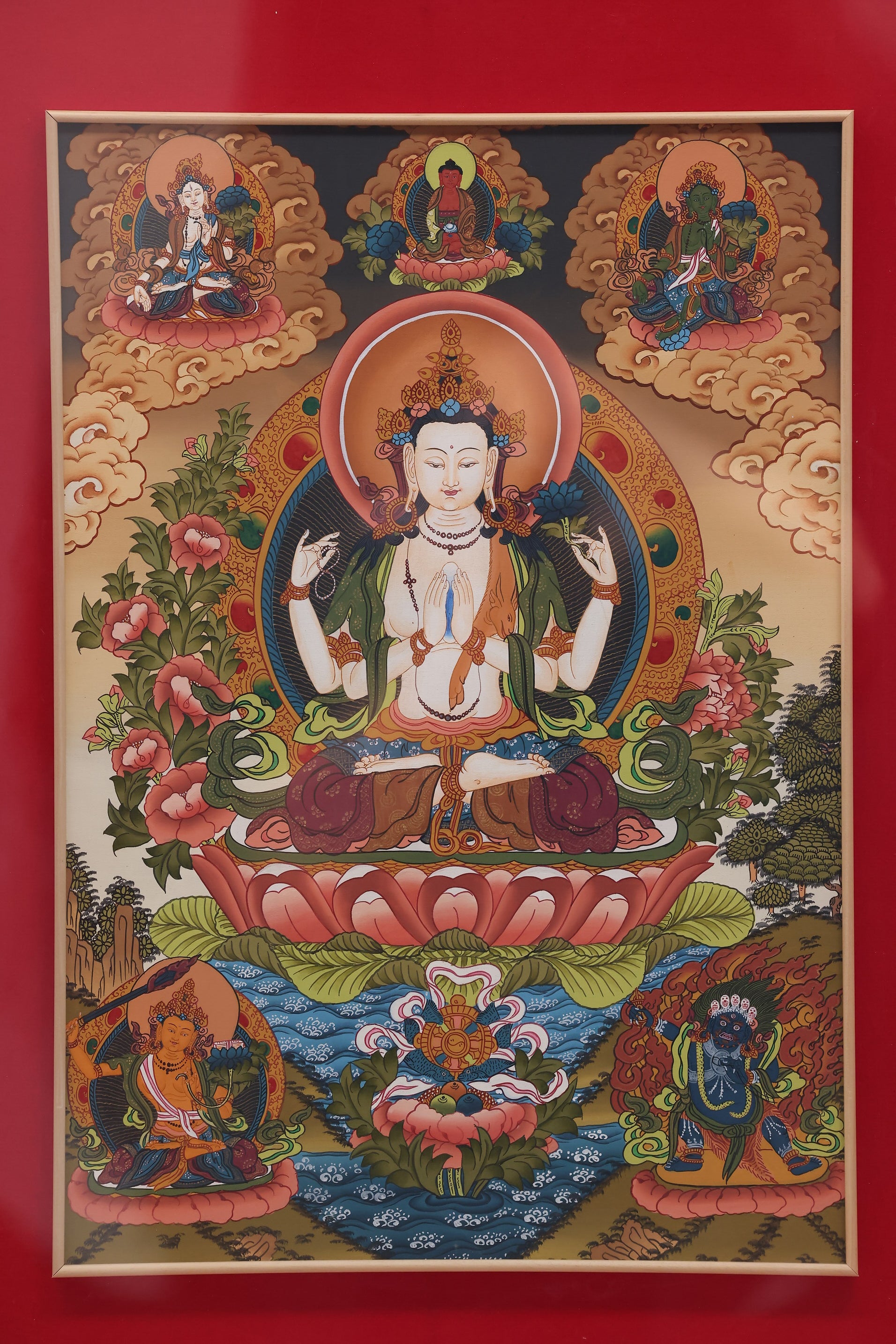 White Quadruple-Armed Guan Yin (Avalokiteshvara) Thangka – Tibetan Buddhist compassion art for spiritual peace.