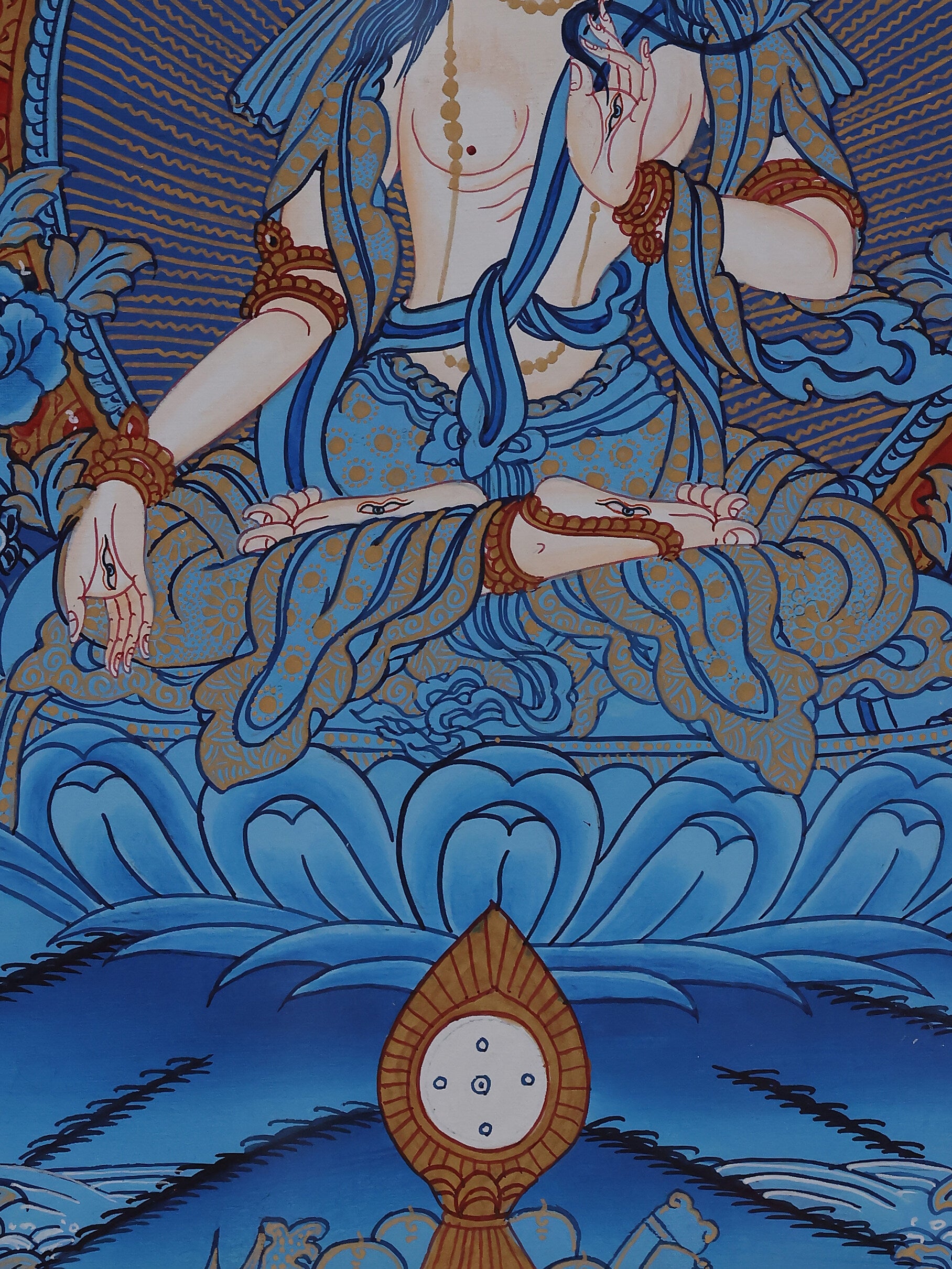 White Tara depicted as a longevity deity in a Blue Thangka, symbolizing health, healing, and spiritual harmony.