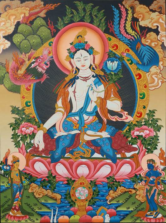 White Tara Tibetan Thangka with vibrant colors, symbolizing compassion and healing.