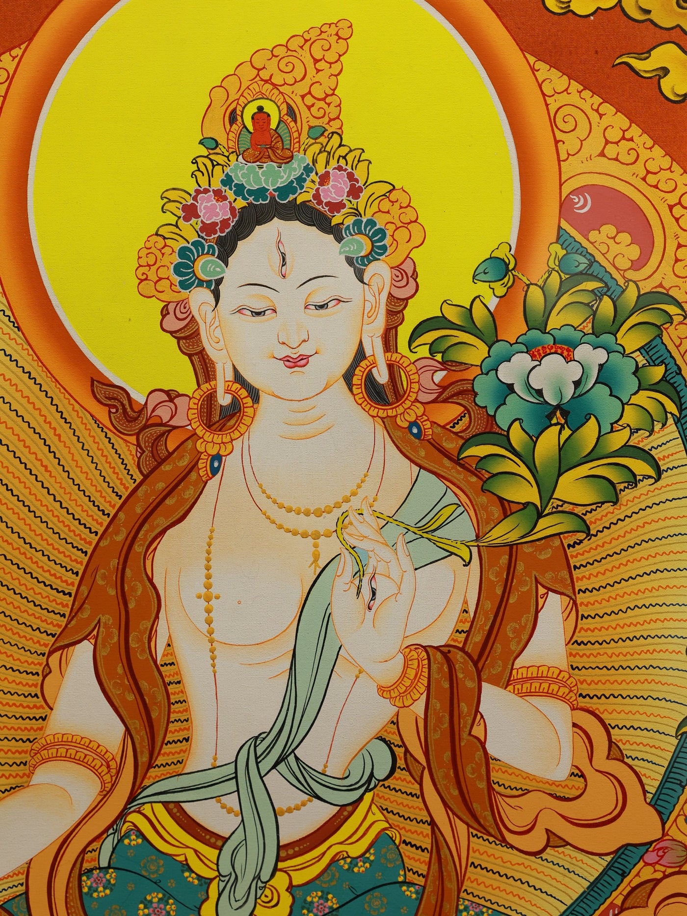 "Vibrant White Tara Thangka from Tibet, highlighting protective deity symbols and spiritual blessings for devotees."