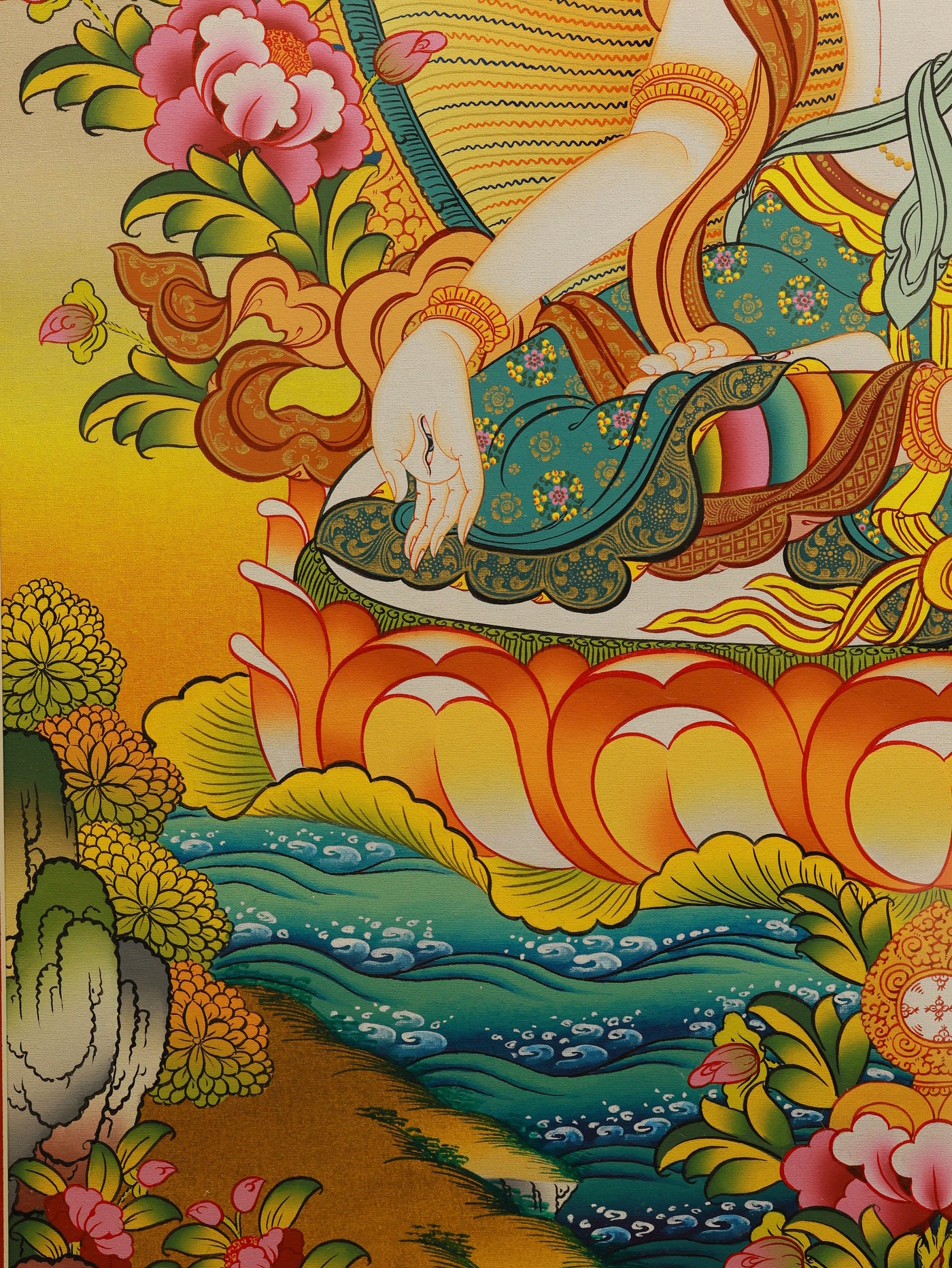 "Detailed Tibetan Buddhist Thangka of White Tara, painted with traditional pigments emphasizing compassion and healing."