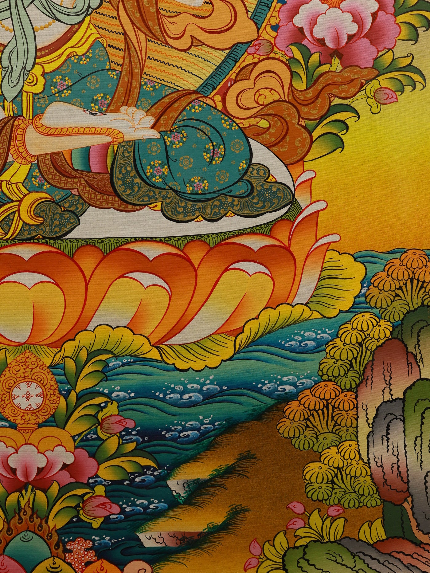 "Colorful Tibetan Thangka depicting White Tara seated on lotus, surrounded by auspicious symbols and sacred motifs."