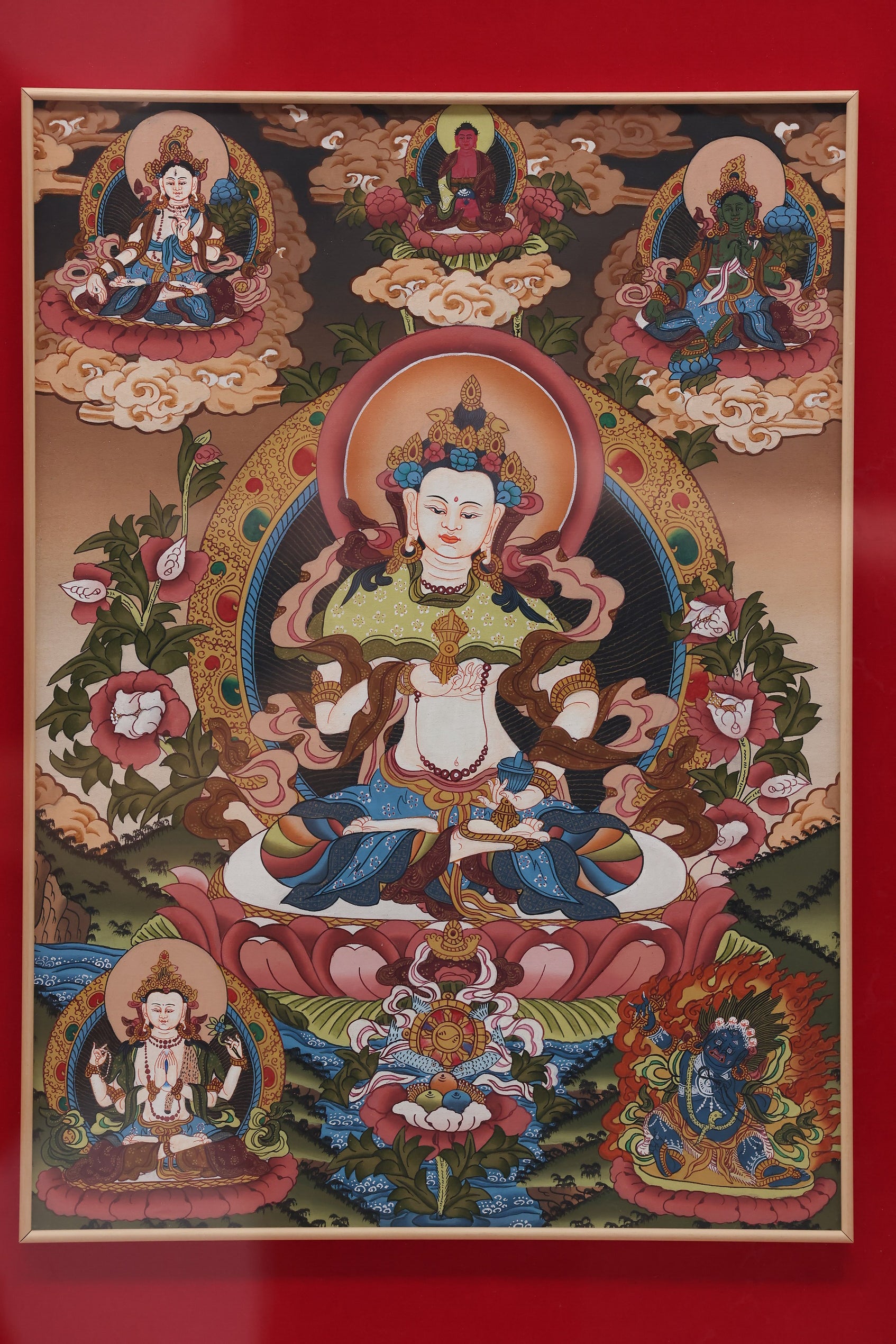 Sacred White Tara thangka featuring the Seven Eyes, representing vigilance, wisdom, and boundless compassion