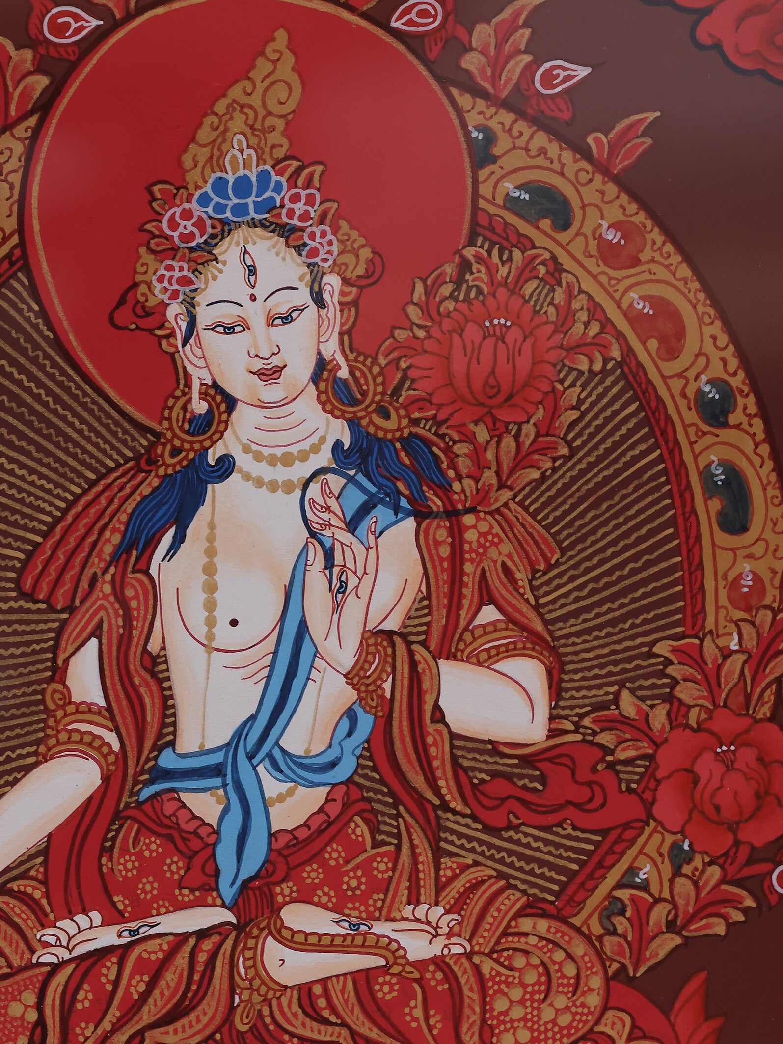Hand-painted red thangka of White Tara bodhisattva, a sacred Tibetan Buddhist artwork for longevity practice