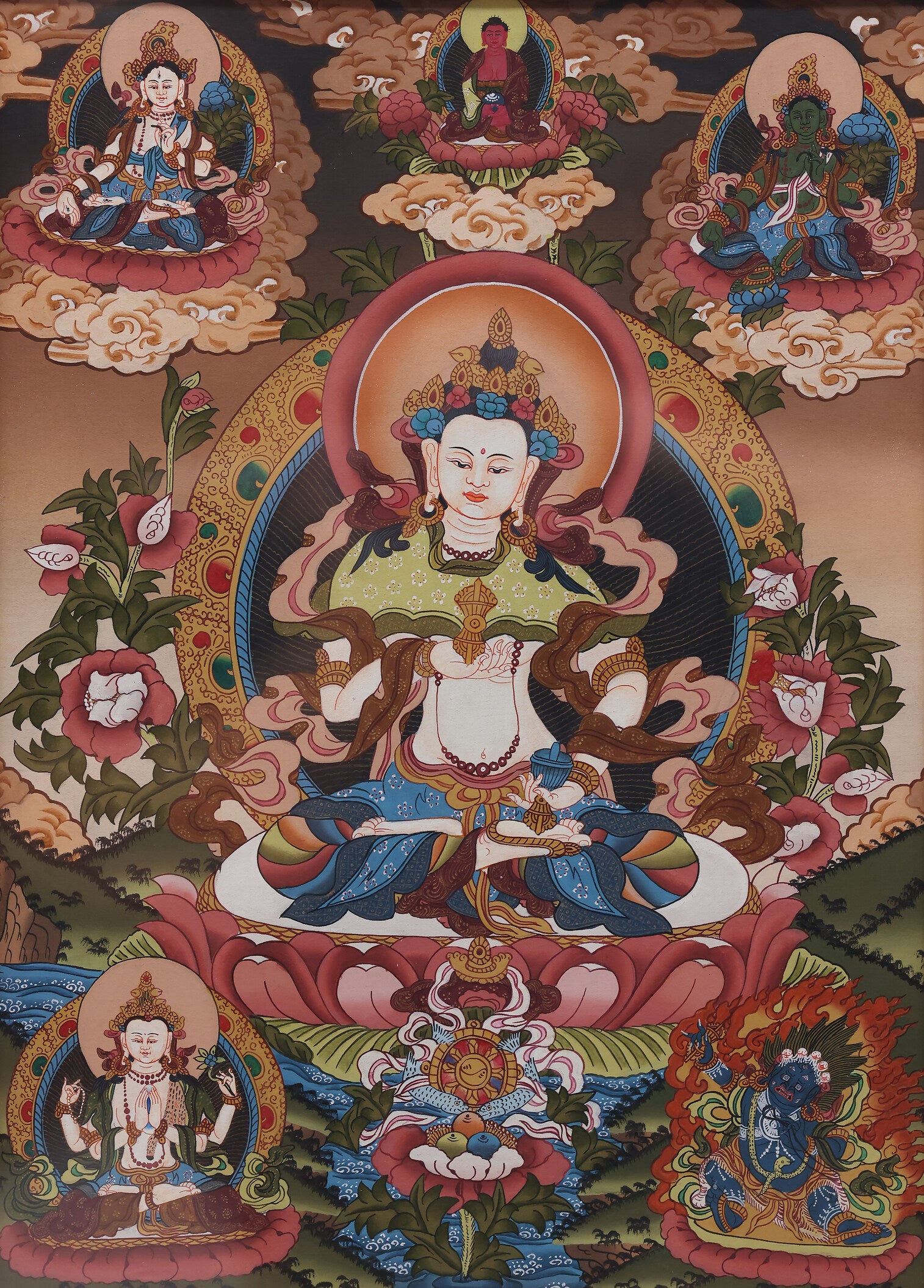 White Tara thangka painting symbolizing longevity, healing energy, and compassionate blessings in Tibetan Buddhism