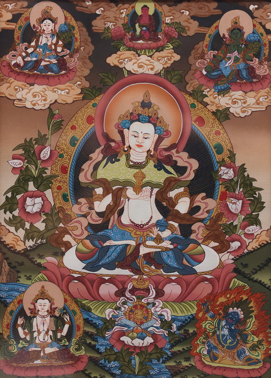 White Tara thangka painting symbolizing longevity, healing energy, and compassionate blessings in Tibetan Buddhism