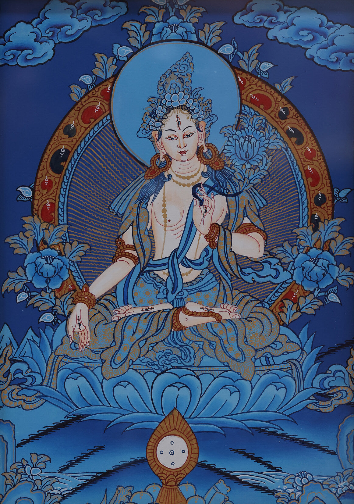 A hand-painted Blue Thangka depicting White Tara, the Tibetan Buddhist goddess of longevity, compassion, and healing energy.