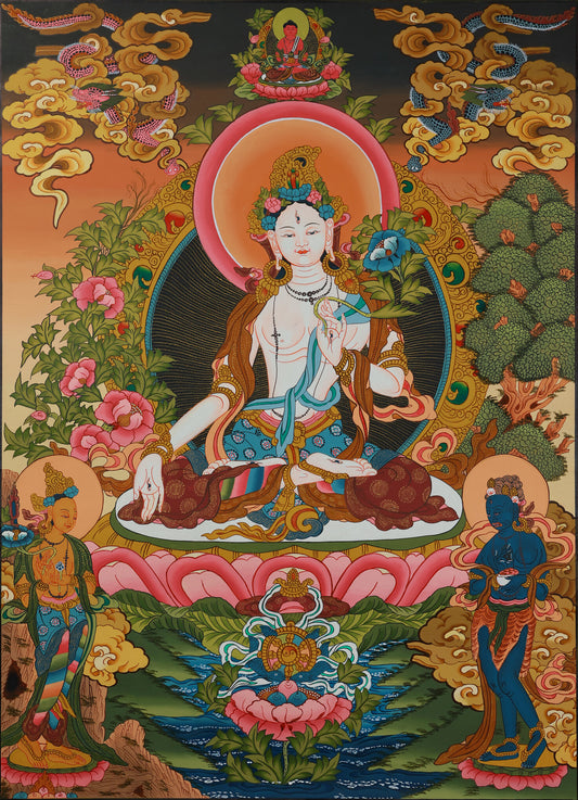 Hand-painted White Tara thangka in Tibetan Buddhist culture, symbolizing compassion and longevity blessings.