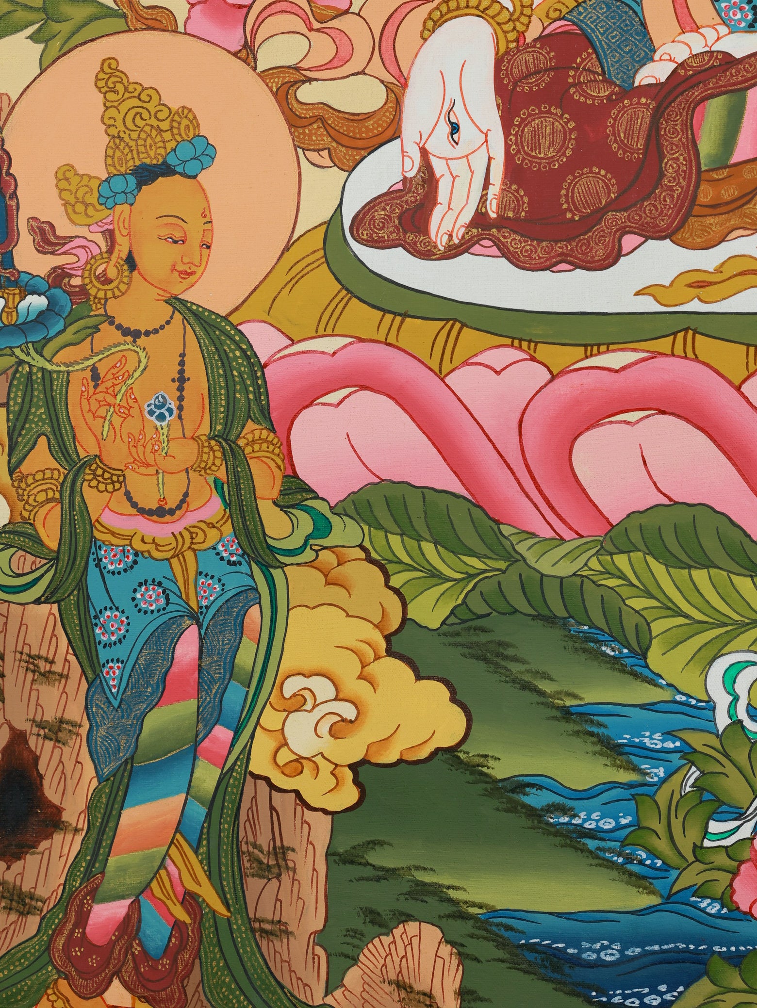 Healing White Tara thangka artwork from Tibetan Buddhist tradition, associated with protection and spiritual wellbeing.