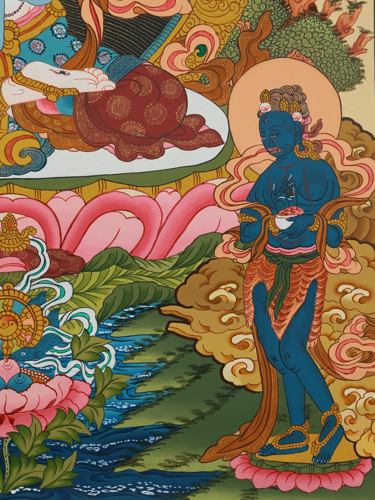 Tibetan Buddhist White Tara thangka featuring the seven eyes symbolism representing wisdom and awareness.