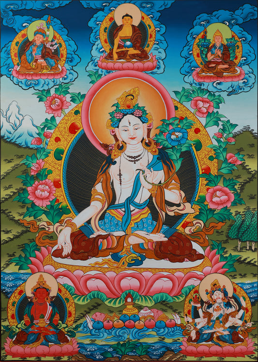 Hand-painted Tibetan White Tara thangka depicting the goddess of longevity and compassionate blessings