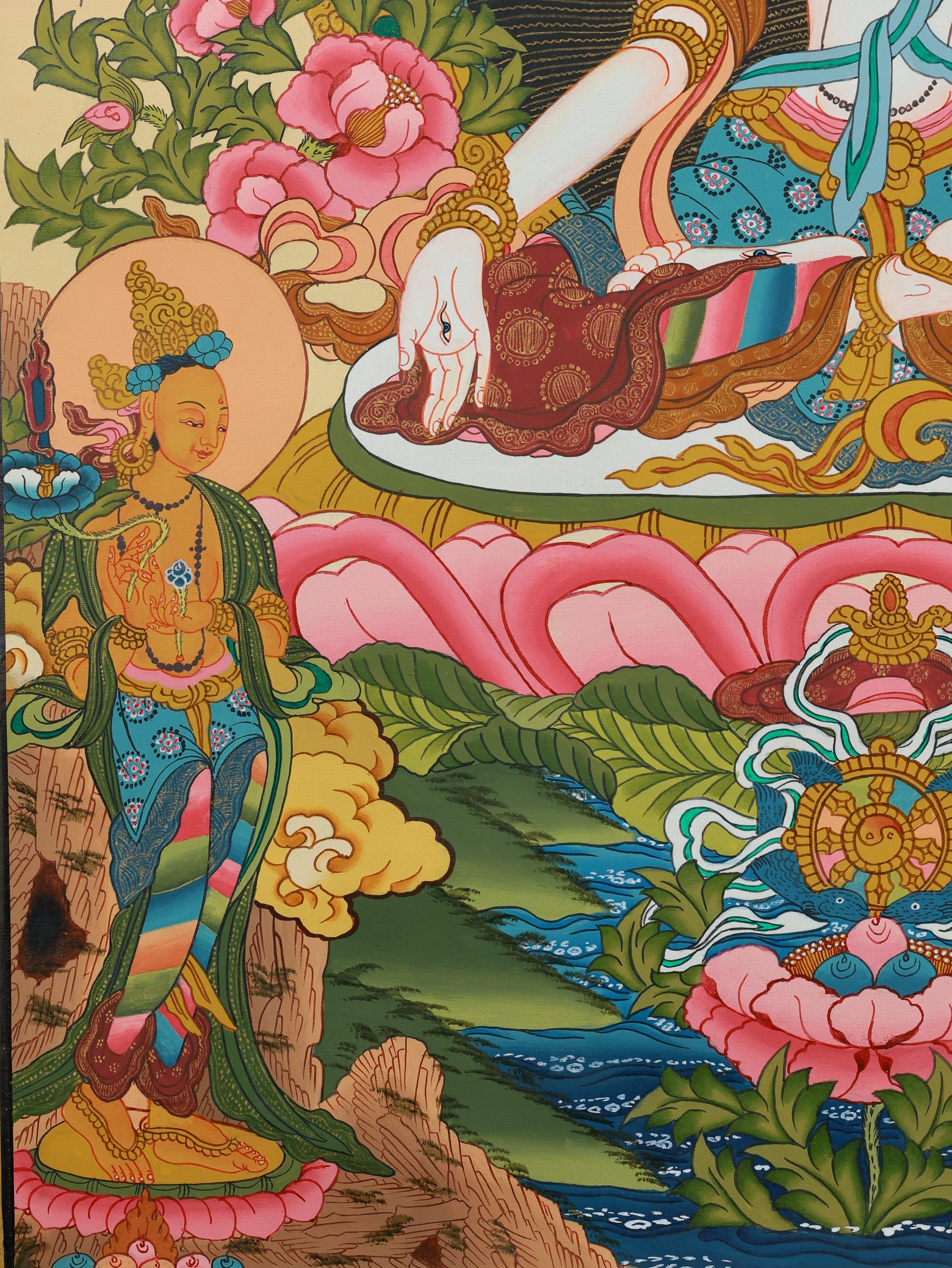 Color thangka of White Tara, the compassionate female Buddha in Tibetan Buddhist iconography.