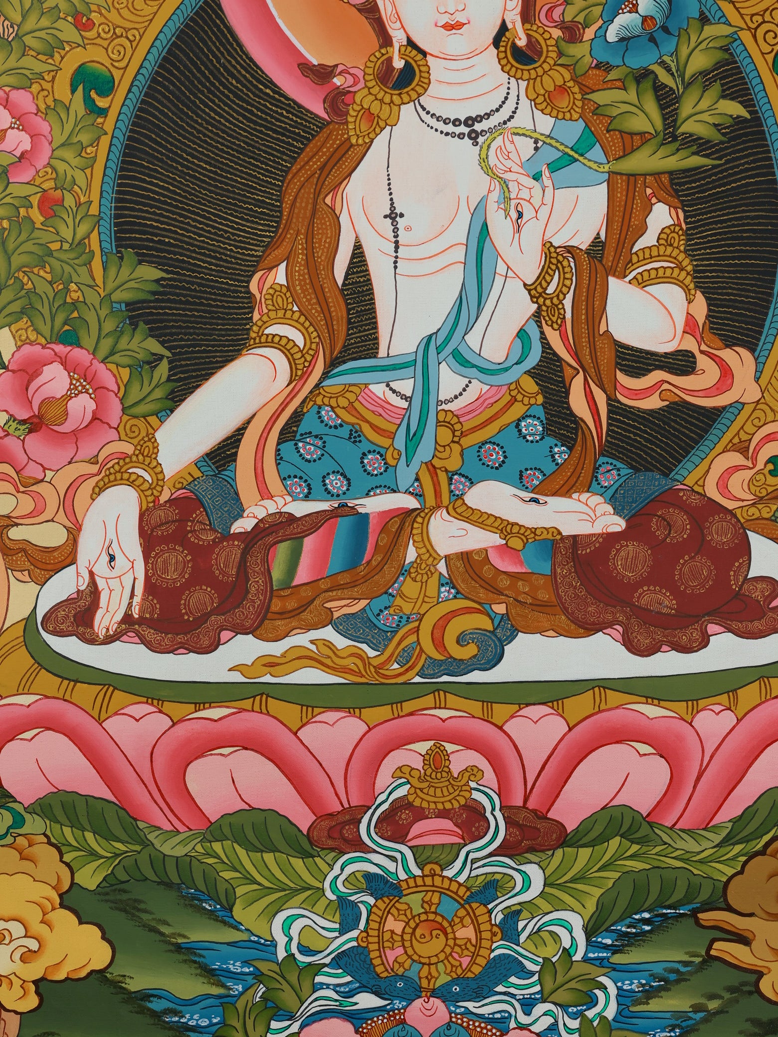 Sacred Tibetan White Tara thangka artwork created in traditional Buddhist painting techniques.