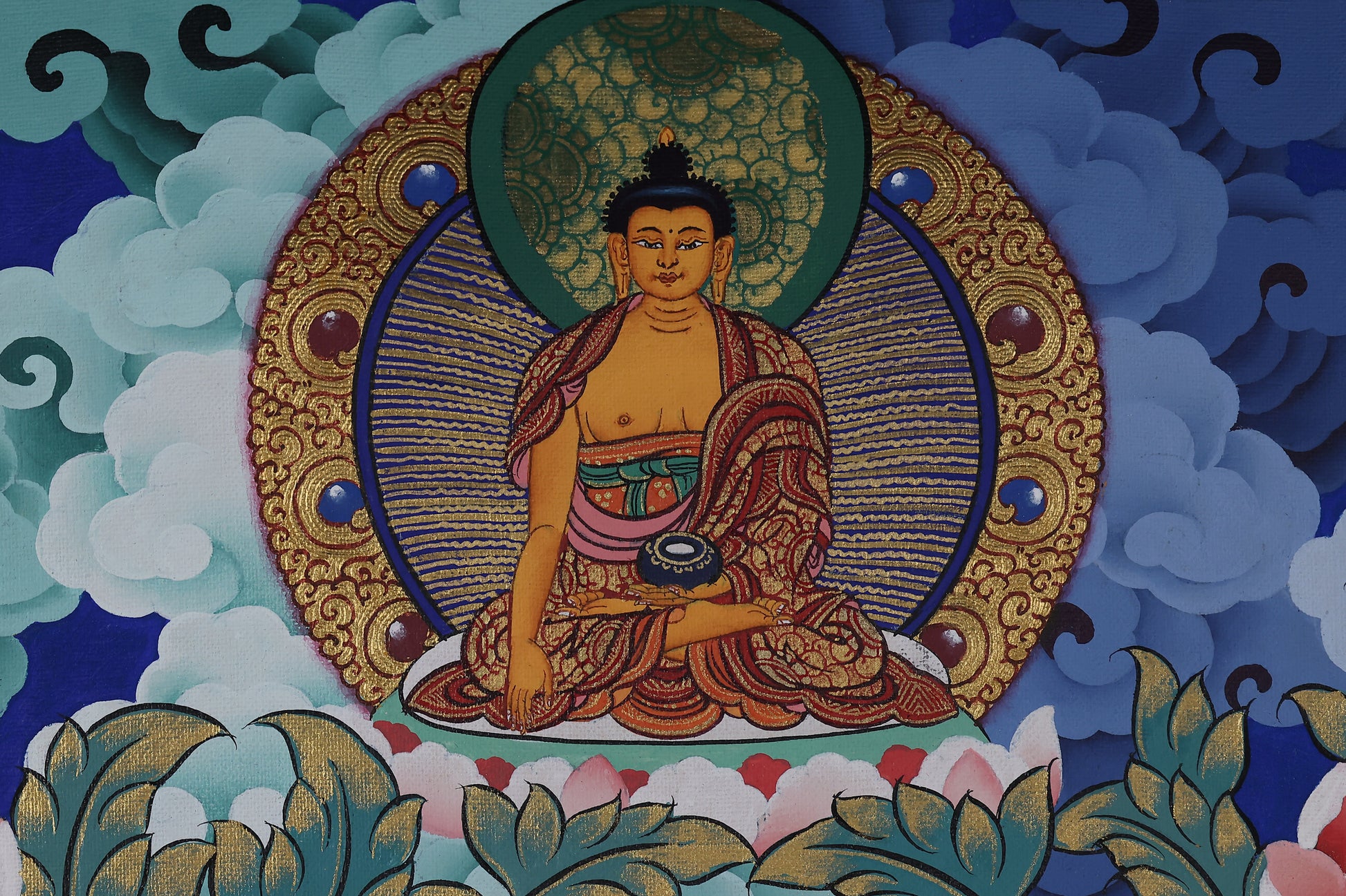 Alt Text: Medicine Buddha Mandala Thangka displaying healing energy, Tibetan Buddhist ritual and meditation art.