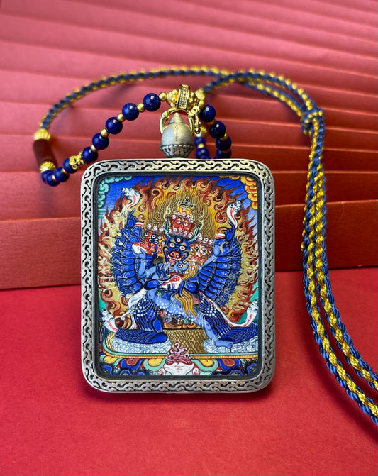 Hand-painted Tibet Yamantaka (大威德金刚) Thangka pendant 3.5x4.5cm with copper casing featuring conquerer of death and father tantra, representing purify obscurations in Buddhist tradition.
